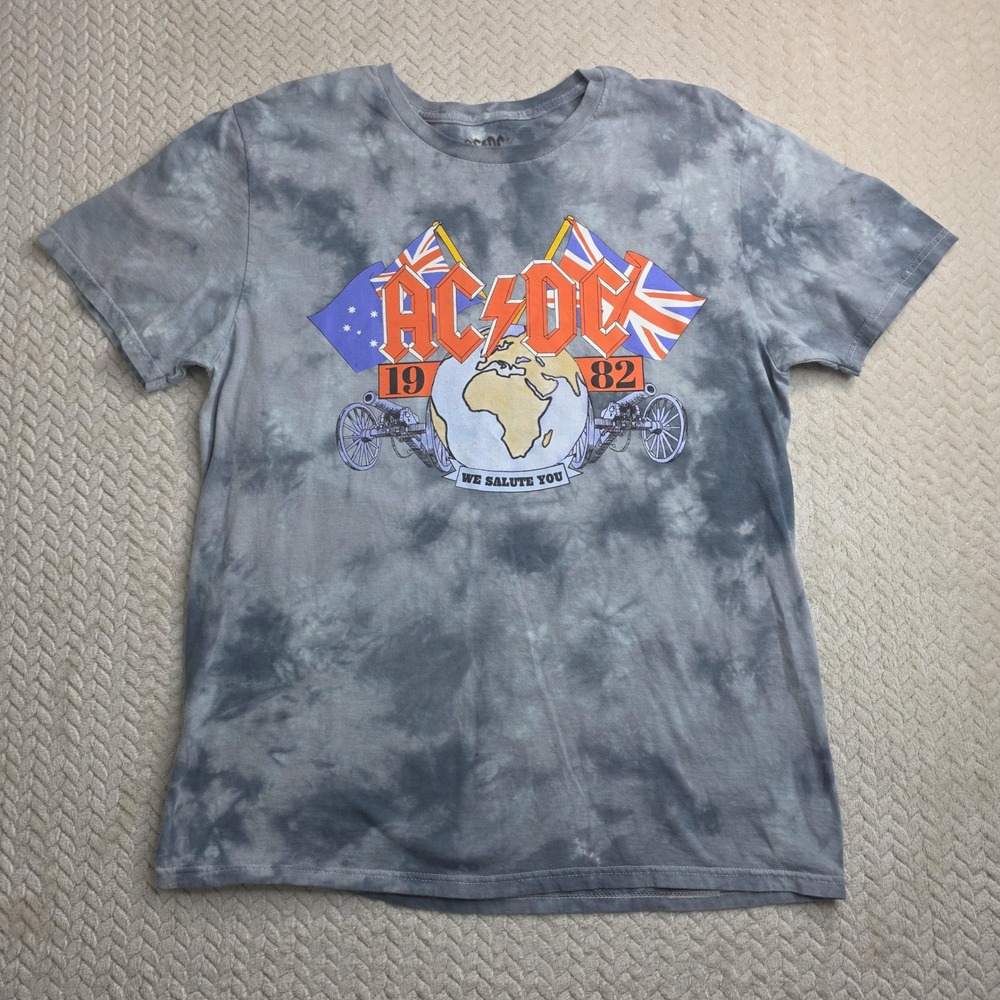 AC/DC Mens Large Grey Tie Dye We Salute You 1982 Graphic T-Shirt Rock Band Tee